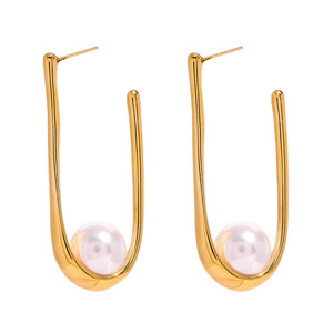 Pendientes de Aro en Forma de U con Perlas, Acero Inoxidable con Baño de Oro de 18k, para Uso Diario - Product Image 1