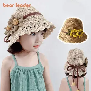 Chapéu de palha para proteção solar, chapéu líder de urso flores de verão chapéu de palha protetor solar para praia chapéu de sol de tecido feminino