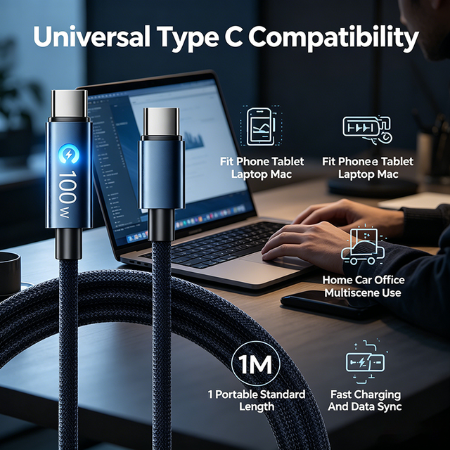 Hot Selling PD3 0 100W Type C to Type C Fast Charging Cable Nylon Braided With LED Indicator E Marker Chip Zinc Alloy