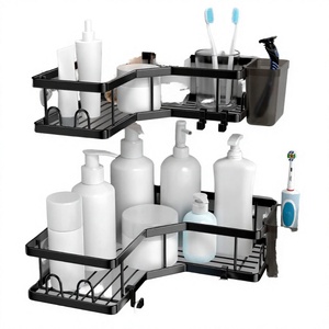 ODM Bathroom 40CM Double Tier Steel Corner Shower Shelf <b>Self</b> <b>Adhesive</b> Wall Mounted Organizer Without Drilling Black Storage Rack - Product Image 3