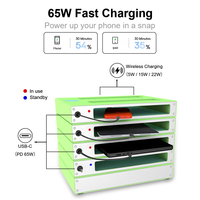 Unité de charge et de stockage pour téléphones portables intelligente à 4 baies avec câble rétractable de 70 cm, entrée universelle 100-240 V, support de chargeur sans fil rapide