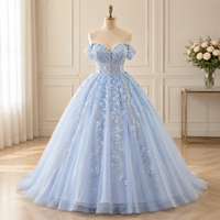 Robe de bal de luxe en tulle bleu clair avec appliques, épaules dénudées, pour Quinceañera, robe de princesse, robe de soirée, sur mesure, OEM, ODM, vente en gros
