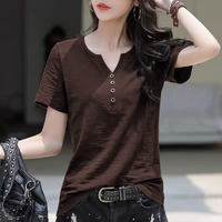 Kaos Katun Wanita Ukuran Besar 6XL V-Neck Lengan Pendek Atasan Bernapas Kasual Polos dengan Hiasan Kancing untuk Musim Panas