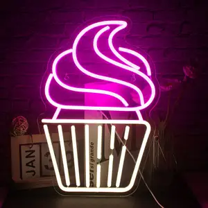 Lampu Neon Led Cupcake, cahaya Neon putih hangat merah muda untuk dekorasi dinding tanda untuk toko roti makanan penutup Bar kafe permen