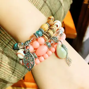 Zooying Bohemian Natural Colorful Beach Style Shell Tassel Multi-layer Set Wood Bead Glass Bead Leaf Crystal Charm Bracelet For