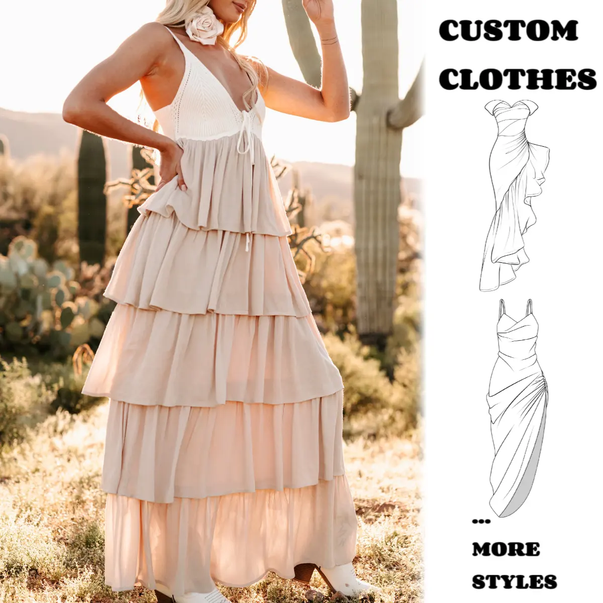 하이 퀄리티 공장 사용자 정의 패션 여성 의류 계층 맥시 원피스 Surplice V 넥 조절 가능한 스트랩 캐주얼 드레스