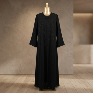 Abaya élégante et simple noire ornée, silhouette droite, col en V pour femme adulte - Product Image 3