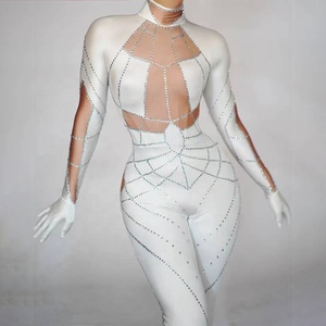 <strong>Rhinestone</strong> outfit White Shiny Diamond Elegant Jumpsuit Women Loose Plus Size Clothing Formal Bodysuit Long <strong>Leggings</strong> - Product Image 1