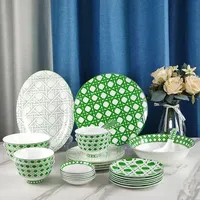 Service de table 34 pièces en porcelaine fine motif quadrillé vert, vaisselle moderne et simple en céramique portable avec cuillères