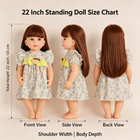 Poupée réaliste reborn de 22 pouces avec corps entièrement en vinyle, cheveux longs bruns, robe florale, visage en silicone, jouet pour enfants, cadeau pour filles
