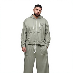 Ensemble de survêtement gris personnalisé pour homme, sweat à capuche zippé, pantalon à jambes larges, streetwear assorti, tenue de sport décontractée en deux pièces - Product Image 1