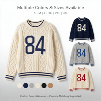 Pull en maille torsadée personnalisé avec motif diamant, col rond, rayures contrastées, numéro 84, OEM ODM, crème marine, vente en gros