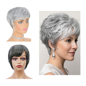 Shinein - Peluca Corta Rizada Pixie de 8 Pulgadas, sin Pegamento, Color Gris Oscuro, Cabello Humano Natural Ondulado, Peluca Bob con Flequillo - Product Image 5