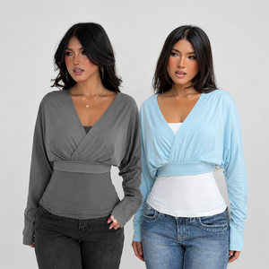 Ensemble 2 pièces décontracté pour femme en maille ample unie respirante : T-shirt court à col en V et manches longues, et débardeur sans manches - Product Image 1