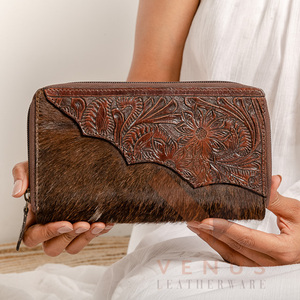 Cartera de cuero genuino para mujer de alta calidad, bolso de mano de diseño largo a la moda con cierre abierto y plumas decorativas - Product Image 6