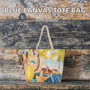 Bolsa de Mano de Lona Azul para Mujer, Gran Capacidad, Suave y Duradera, con Estampado de Rayas, Letras y Flores, para la Playa en Verano - Product Image 3