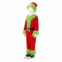 Disfraz de Monstruo Navideño para Niños, Mono Rojo con Ribete de Peluche Verde, Gorro de Santa, Cinturón con Hebilla Dorada, Fiesta Navideña