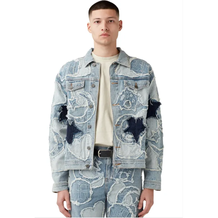 DIZNEW wholesale bulk mens blue ripped distressed denim jaqueta jeans jacket