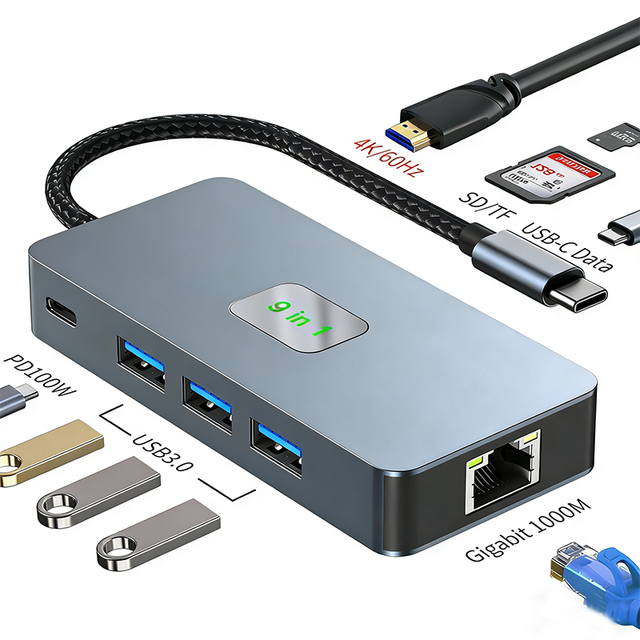 USB C Hub 9 in 1 USB C to 4K60HZ Multiport Adapter RJ45 Gigabit Ethernet+ 3 USB 3.0 Ports+SD/TF Card Reader PD 100W for Laptops