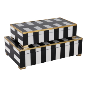 Scatola Decorativa Rettangolare con Piedini, Moderna in Resina e Legno con Coperchio, Porta Gioielli, Organizer per Casa, Nero Bianco a Righe con Finiture Dorate - Product Image 4
