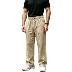 Pantalon décontracté pour homme en lin et coton beige, taille élastique avec cordon de serrage, respirant, coupe ample, pantalon d'été - Product Image 1