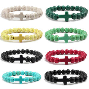 Bracelet personnalisé empilable en pierre volcanique avec croix turquoise, bijou de poignet rétro et tendance pour <span class=keywords><strong>tenue</strong></span> de bureau ou décontractée - Product Image 4