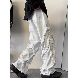 Pantalon en jean vintage délavé pour homme, style hip-hop, jeans stretch avec patchwork et franges, taille mi-haute, style d'hiver, pantalon droit - Product Image 3