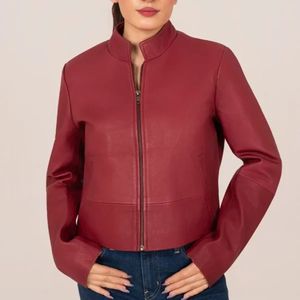Chaqueta de Motociclista Clásica de Cuero Genuino Rojo para Mujer, Transpirable, con Cuello Alto, para Invierno, Estilo Motero - Product Image 6