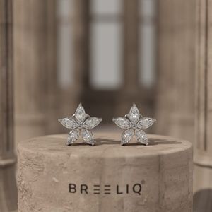 14k White Gold Marquise Diamond Flower Stud Earrings Elegant Five Petal Floral Round Cut Diamond - Product Image 3