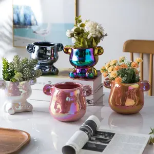 Ins style home decor trendy handicraft vase accent electroplated colorful pearl light cute bear shape ceramic flower planter pot