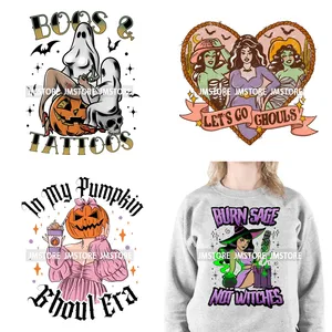 Dessin animé Halloween saison Let's Go Ghouls brûler Sage pas sorcières Spooky Vibes DTF fer sur chaleur presse transfert autocollants pour vêtements - Product Image 1