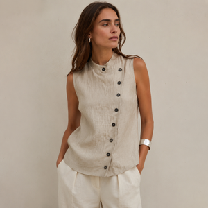 Blusa de lino sin mangas para mujer, elegante, minimalista, con cierre asimétrico, para uso diario en verano y para el trabajo. - Product Image 1