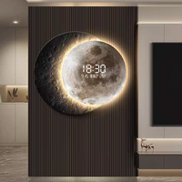 Tableau mural minimaliste Lune et Terre pour couloir, vision stéréo 3D, horloge numérique électronique ronde avec lumière LED