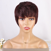 Perruque Coupe Pixie Synthétique Courte Rouge Vin Perruque Pixie avec Frange sans Colle Couches Ondulées pour Femmes 99J