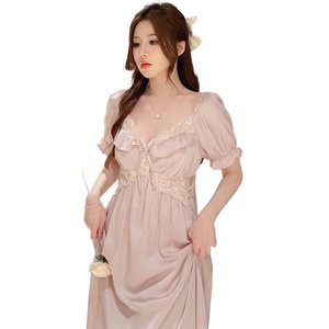 Ropa de Dormir de Seda para Mujer, Talla Grande, Pijama Sexy con Encaje, Camisón Largo con Mangas Cortas - Product Image 5