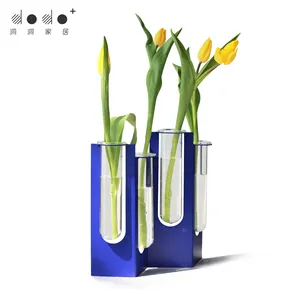 Ev dekor Modern geometri çelik standı 4 cam tüp vazo masası el işi masa üstü Metal çiçek vazo