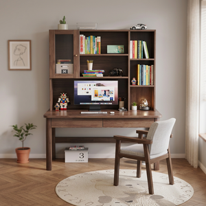 Wood Computer <b>Desk</b> with Integrated Bookshelf Storage for Home Office Furniture Set - Product Image 3