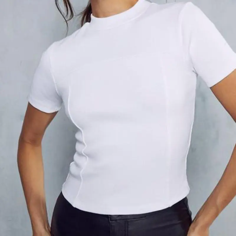 مثير قميص برقبة مستديرة للنساء لون نقي المحاصيل قمم خليط مضلع الأبيض قصيرة الأكمام المحاصيل تي شيرت كامل للنساء