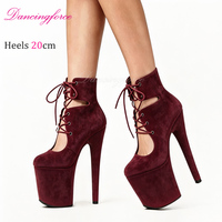 Sandales à plateforme à lacets pour femmes, talons hauts classiques de 20 cm (8 pouces), bout rond, pour la danse sur barre, style boîte de nuit