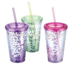 Gobelet en plastique à double paroi avec paillettes, pas cher, de qualité, avec couvercle, vente en gros, gobelet en plastique coloré avec paille pour la promotion - Product Image 1