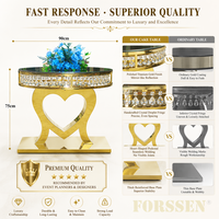 Table à gâteau de luxe en acier inoxydable doré, piédestal en forme de cœur, franges de cristal, design moderne, pour hôtel, salle à manger, mariage, présentation de desserts