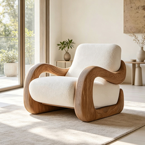 <span class=keywords><strong>Fauteuil</strong></span> individuel blanc en bouclette avec structure en fibre de verre à grain de bois courbé pour espace de vie moderne - Product Image 3