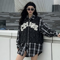 Chemise tendance à carreaux noirs et blancs 6831/FANMAJIALIE avec détails scintillants, dessins animés et lettres – Haut décontracté pour le quotidien et la mode urbaine