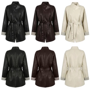 Nuovo <span class=keywords><strong>Trench</strong></span> Coat da <span class=keywords><strong>Donna</strong></span> in <span class=keywords><strong>Pelle</strong></span> PU di Media Lunghezza per l'Autunno - Con Cintura in Vita, Collo Alto, Giacca Casual - Product Image 3