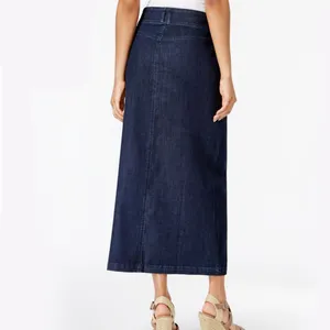 Groothandel Custom Faldas Nieuwste Ontwerp Blauw Designer Meisjes Lange Fashion Denim Rok Voor Vrouwen