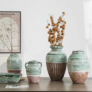 Vase <span class=keywords><strong>de</strong></span> sol en céramique verte <span class=keywords><strong>de</strong></span> luxe créatif FANGSHENG, <span class=keywords><strong>fait</strong></span> à la main, en argile rustique, décoration d'intérieur, pots et jardinières - Product Image 1