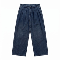 Pantalon en jean plissé à jambes larges pour femme, personnalisé avec logo OEM/ODM, marque privée, indigo foncé, coupe ample, vente en gros, directement de l'usine.