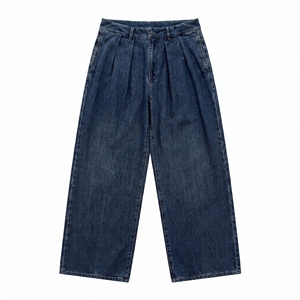 Pantalon en jean plissé à jambes larges pour femme, personnalisé avec logo OEM/ODM, marque privée, indigo foncé, coupe ample, vente en gros, directement de l'usine. - Product Image 1