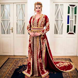 Elegant Embroidered Red Floor Maxi <b>Abaya</b> High Neck Long Sleeve Modest Loose Fit Middle East <b>Wedding</b> Women Polyester Paisley - Product Image 1
