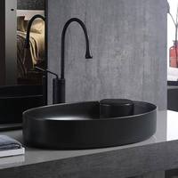 Lavabo ovale moderne avec égouttoir, facile à nettoyer, aspect pierre, entièrement en céramique cristallisée, à poser sur comptoir, noir mat, avec levier